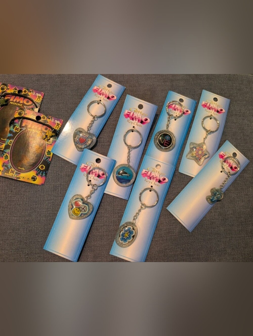 Vintage 90s Y2K Glitter Keychains Lot Smiley Peace Sign Ying-yang Heart New NOS